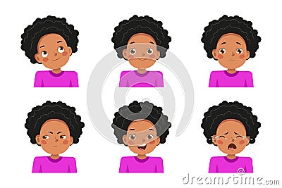 Set of children's emotions. Facial kid child expression vector illustration set bundle. Girl Avatar. Vector Illustration